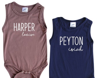 ON SALE!  Personalized Modern First + Middle Name Sleeveless Baby Bodysuit-baby gift, baby shower, baby outfit