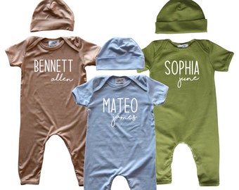 ON SALE!  Personalized Modern First + Middle Name Baby Romper (Matching Hat Included)-baby gift, baby shower, baby outfit