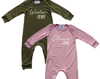 Personalized First + Middle Name Silky Baby Long Sleeve Romper- Soft Going Home Outfit for Boys and Girls - Custom Newborn Gift, Baby Shower