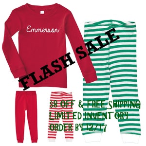 FLASH SALE! Personalized Holiday Christmas Striped Pajamas for Babies, Toddlers, and Kids-Solid Red Top