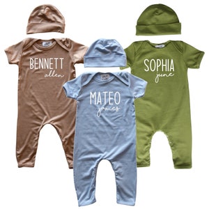 ON SALE!  Personalized Modern First + Middle Name Baby Romper (Matching Hat Included)-baby gift, baby shower, baby outfit