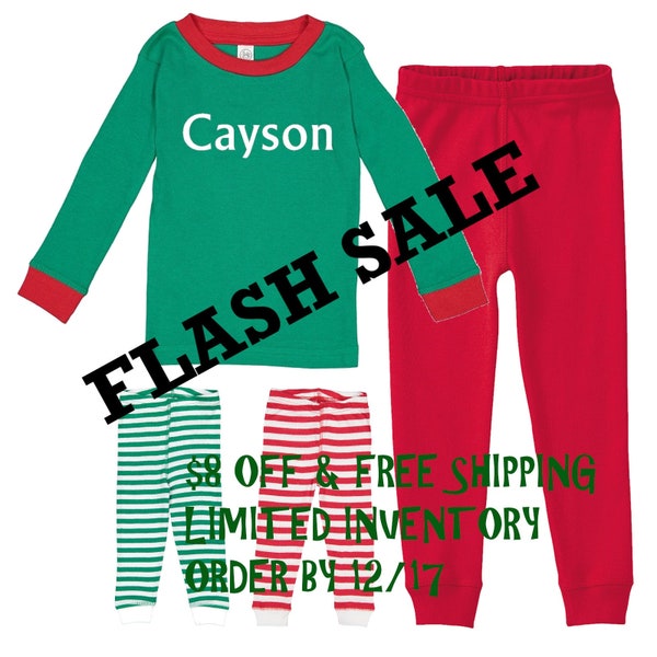 FLASH SALE! Personalized Holiday Christmas Striped Pajamas for Babies, Toddlers, and Kids-Green Top with Red Trim