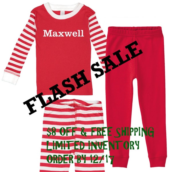 FLASH SALE - Personalized Holiday Christmas Striped Pajamas for Babies, Toddlers, and Kids-Red & White Striped Top