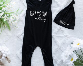 Sleeveless Personalized First + Middle Name (Modern Cursive) Silky Baby Romper with Matching Hat Beanie for Boys and Girls-Going Home Outfit