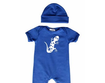 ON SALE! Gecko Baby Romper with Matching Hat-baby gift, baby shower, gift ideas,  birthday, fall