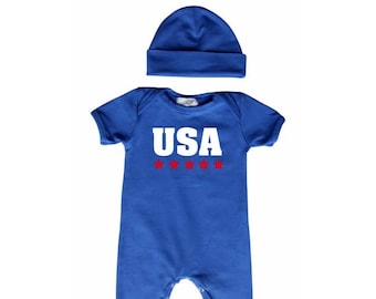 ON SALE! USA with Stars Baby Romper with Matching Hat - Red White & Blue Stripe - 4th of July - Patriotic for Girls and Boys, Gender Neutral