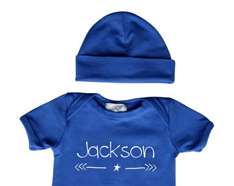 ON SALE!      Personalized Baby Romper for Boys (Matching Hat Included)-baby gift, baby shower, gift ideas,  birthday, fall