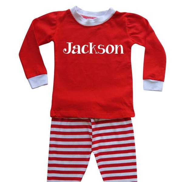 Ready to Ship! Personalized Holiday Christmas Red & White Striped Pajamas for Babies, Toddlers, and Big Kids - Customized