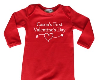 Personalized First Valentine's Day Long Sleeve Baby Jumpsuit Romper-gender neutral, valentine's day photos, baby valentine, red, customized