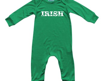 Irish & Four Leaf Clover Green and White Graphic St. Patrick's  Day Long Sleeve Baby Jumpsuit Romper, for boys and girls, shamrock, first
