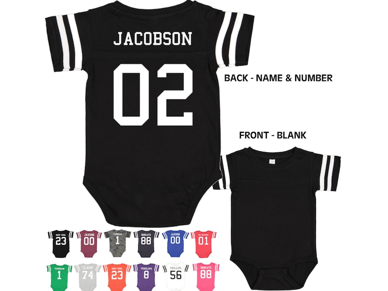 Custom Cotton Football Sport Jersey Baby Bodysuit Personalized with Name & Number-BACK Only Baby Gift, Sports Gift, Game Day image 1