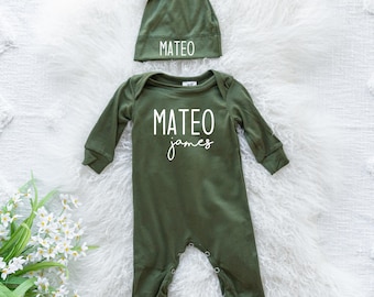 Personalized First + Middle Name  (Modern Cursive) Silky Baby Long Sleeve Romper with Matching Knotted Hat Beanie - Going Coming Home Outfit