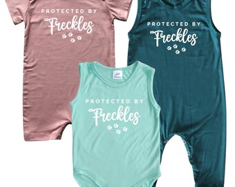 Protected by Dog Personalized Silky Baby Romper (Shorts, Sleeveless, or Bodysuit) - Boys, Girls, Baby Shower, Pet, Puppy, Newborn Gift