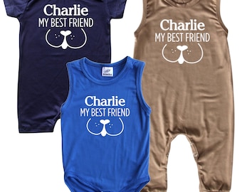 Dog Best Friend Personalized Silky Baby Romper (Shorts, Sleeveless, or Bodysuit) - Boys, Girls, Baby Shower, Pet, Puppy, Newborn Gift