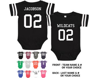 Custom Cotton Football Sport Jersey Baby Bodysuit Personalized with Name and Number (Front & Back)-Baby Gift, Sports Gift, Game Day