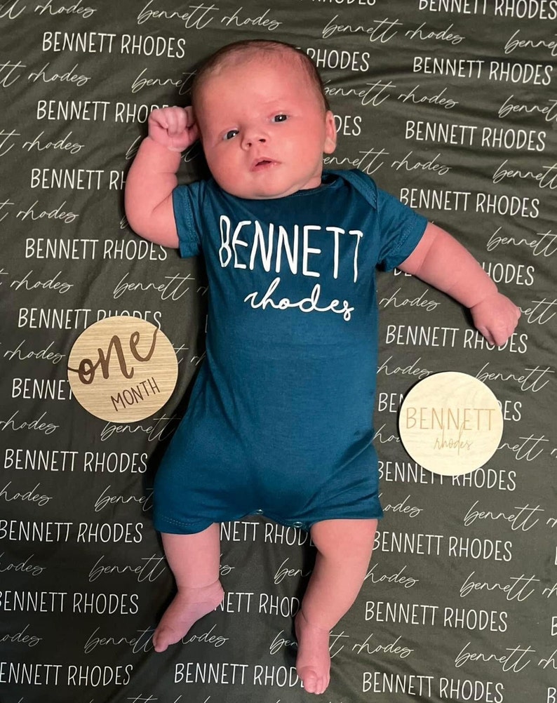 Personalized First Middle Name Silky Baby Romper Shorts Modern Cursive Custom Newborn Gift, Going Home Outfit for Boys or Girls, Shower image 2