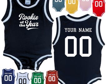 Personalized Sleeveless Basketball Sport Jersey Bodysuit for Babies-Customized with Name & Number-BACK and Rookie of the Year Graphic-FRONT
