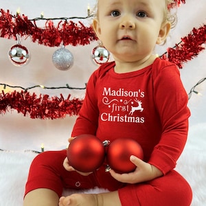 Holiday- Personalized First Christmas Long Sleeve Baby Jumpsuit Romper, gender neutral
