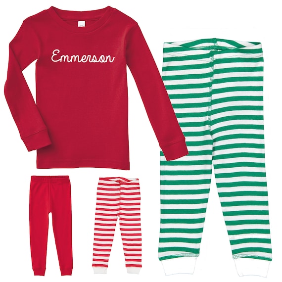 ORDER BY 1219 for CHRISTMAS delivery Toddlers Personalized Holiday Christmas Striped Pajamas for Babies and Big Kids-Solid Green Top