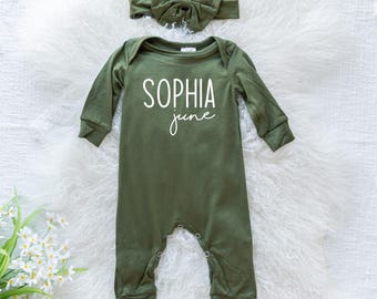 Personalized First + Middle Name  (Modern Cursive) Silky Baby Long Sleeve Romper with Matching Headband Bow for Girls - Coming Home Outfit