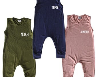 Sleeveless Personalized Pocket Print Name Romper (upper left corner) Gender Neutral Baby Shower, newborn gift, first outfit