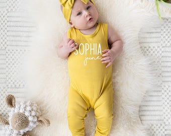 Sleeveless Personalized First + Middle Name (Modern Cursive) Silky Baby Romper with Matching Bow Headband for Girls - Going Home Outfit