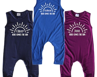 NEW Design! - Here Comes the Sun Personalized Sleeveless Silky Baby Romper - Boy, Girl, Gender Neutral Baby Shower Gift, Newborn Gift