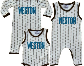 Three Personalized Rompers - One of Each - Off White & Black Bodysuit, Sleeveless Romper, Long Sleeve Romper with your choice of font color