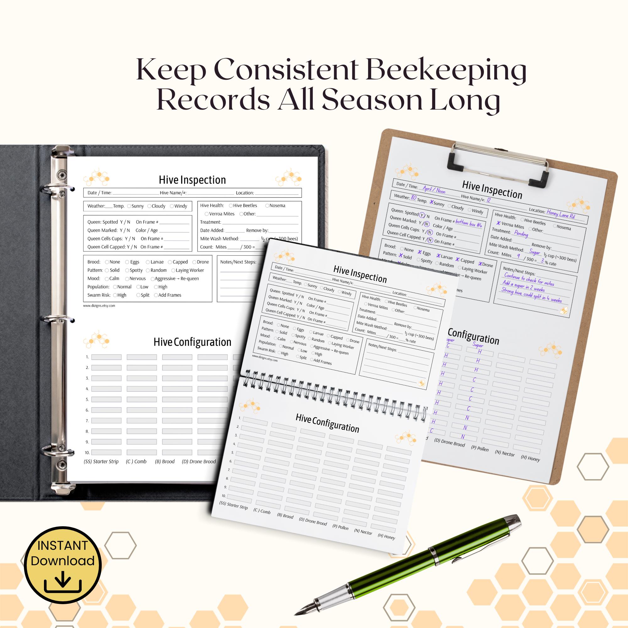 Beekeeping Hive Inspection Sheets Printable PDF – Apiary Record Logbook ...