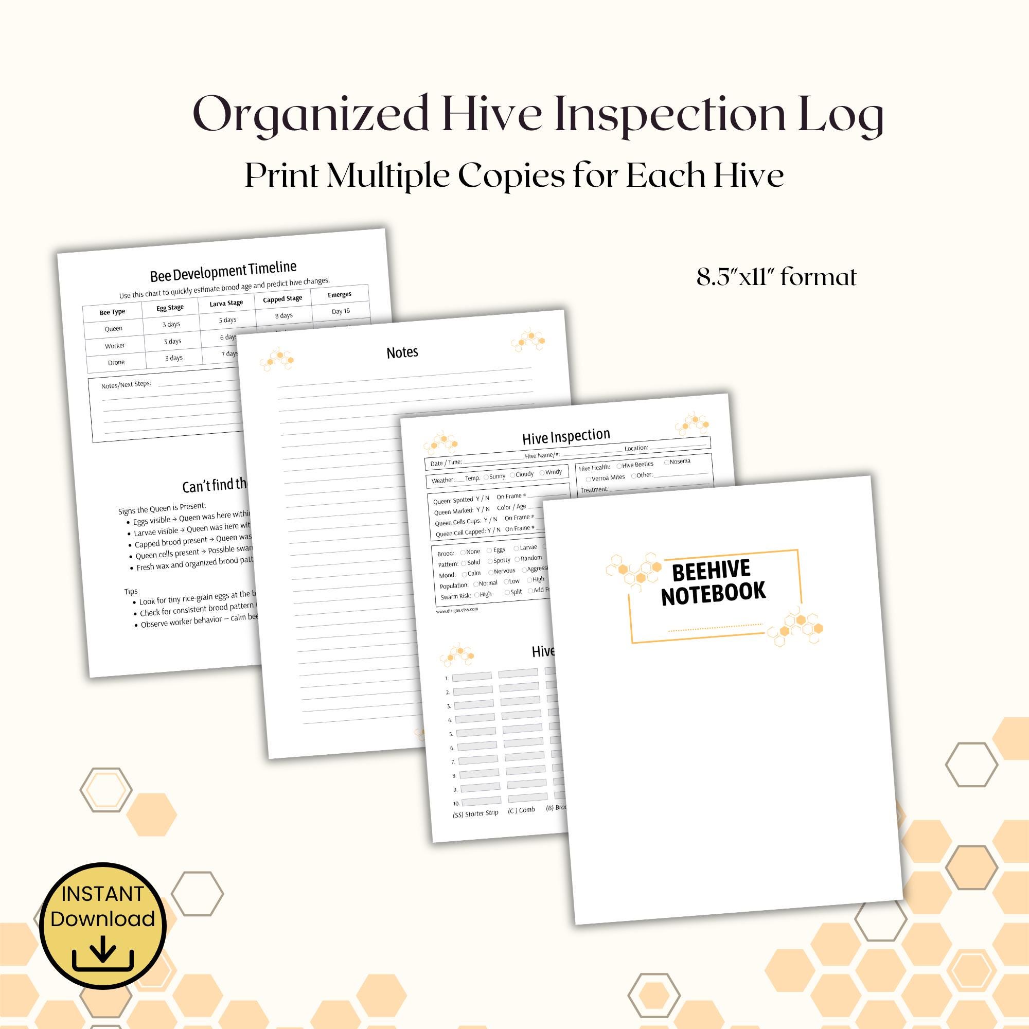 Beekeeping Hive Inspection Sheets Printable PDF – Apiary Record Logbook ...