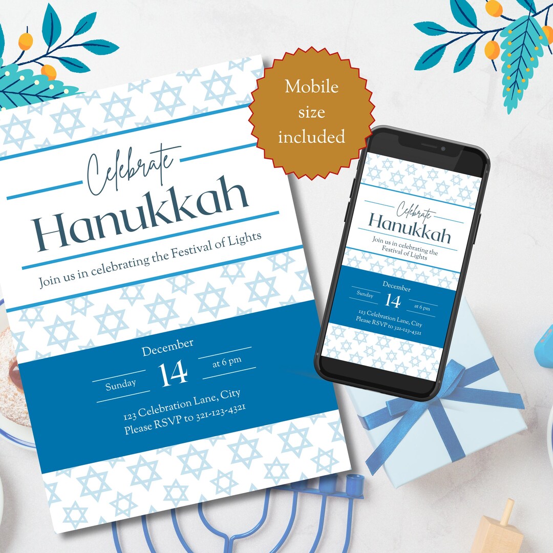 Editable Hanukkah Invitation Template Canva, Mobile Size (digital