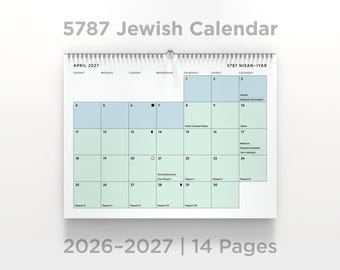 Judisk kalender 2026-2027 5787 | Direkt nedladdning | Shabbat- och Rosh Hashanah-kalender | Höghelger | Bokstav 8,5x11