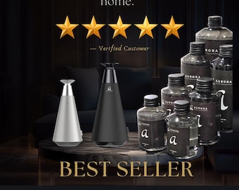 May include: A silver and a black conical diffuser alongside several clear bottles of Aurora scented oil. The text reads: Feels like walking into a 5-star hotel every time I come home. Verified Customer. BEST SELLER 5 STAR SCENTED OIL.