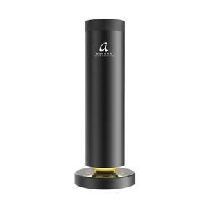 Pode incluir: Um dispositivo cilíndrico preto fosco com uma tampa texturizada e uma base circular. A frente apresenta o texto branco "a AURORA 5XTAR Collection". A base tem um anel de luz amarelo brilhante e pequenos ícones de controle impressos.