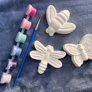 May include: A craft kit featuring three white unpainted plaster figures shaped like a bee, a dragonfly, and a butterfly. The set includes a strip of six small plastic pots containing various paint colours and a thin blue paintbrush with an orange tip.