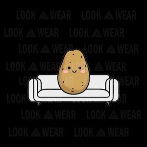 May include: A cartoon potato with a happy face sits on a white couch. The potato is brown and has a light brown outline. The couch has a white background and a black outline.