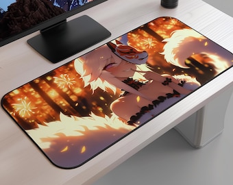 May include: A rectangular mousepad featuring an anime-style illustration of a character with white hair, a fox mask, and a fluffy tail. The background depicts a warm, golden forest scene. The mousepad has a black border.