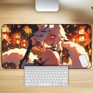 Festival of the Fox Desk Mat - Aesthetic Desk Mat, Kitsune Desk Mat, Anime Mouse Pad, Lofi Desk Mat, Kawaii Desk Mat, Gaming Mousepad