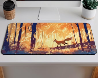 Autumn Fox Desk Mat, Woodland Forest Scene