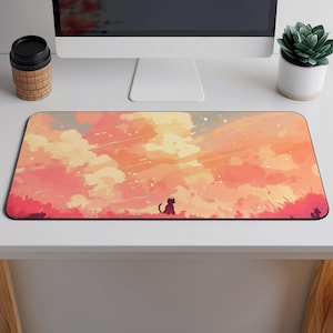 Sunset Kitty Desk Mat, Aesthetic Desk Mat, Cute Cat Mousepad, Pink Desk Mat, Anime Desk Mat, Gamer Girl Accessories, Gifts for Gamers