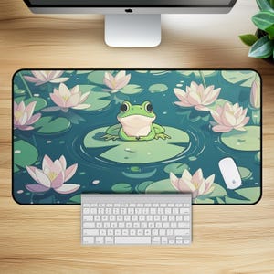 Lily Pad Friend Desk Mat - Kawaii Frog Desk Mat, Kawaii Gaming Mouse Pad, Lofi Desk Mat, Cute Frog Desk Pad, Cute Desk Accessories