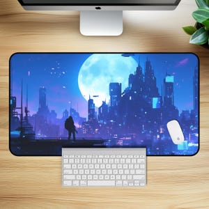 Nightwatch City Desk Mat - Cyberpunk Desk Mat, Aesthetic City Non Slip Mouse Pad, Anime Desk Mat, Large Gaming Mouse Pad