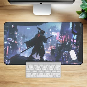 Cyber Samurai Desk Mat - Aesthetic Desk Mat, Futuristic Non Slip Mouse Pad, Cyber City Desk Mat, Cyberpunk Gaming Mouse Pad