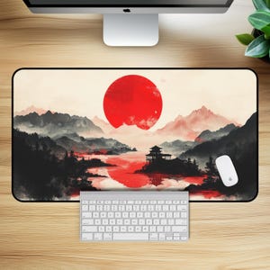 Crimson Sun Over Mountains Desk Mat - Aesthetic Desk Mat, Anime Mouse Pad, Japanese Desk Mat, Landscape Mouse Pad, Gaming Mouse Pad