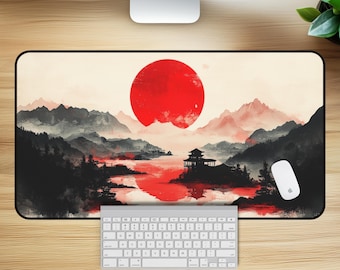 Crimson Sun Mountains Desk Mat: Japanese Landscape Mouse Pad