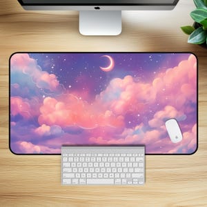 Celestial Clouds Desk Mat- Kawaii Desk Mat, Pink Sky Non Slip Mouse Pad, Cute Keyboard Mat, Night Sky Gaming Desk Mat, Cute Desk Accessories