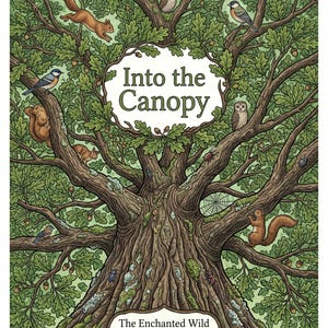 May include: An adult coloring book titled "Into the Canopy" features a detailed illustration of a large tree filled with squirrels, birds, and owls. The cover has a green and brown color scheme, with the title in a white, leaf-shaped frame.