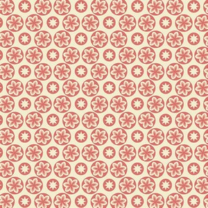May include: A repeating pattern of stylized flowers and stars in a symmetrical arrangement. The design features red flowers and stars set against a cream-colored background. The flowers are in circles, and the stars are in between.