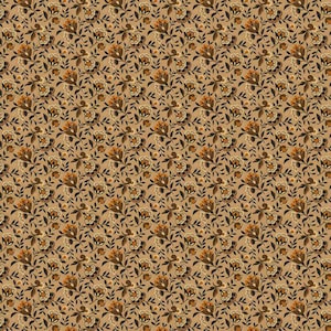 May include: A repeating fabric pattern featuring small, stylized flowers in shades of burnt orange, cream, and dark brown set against a solid tan background. The design consists of dense floral clusters and delicate leafy stems.