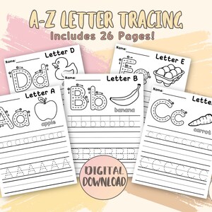 Hojas de trabajo de seguimiento del alfabeto para niños con ABC, práctica de escritura de letras de la A a la Z para preescolar, jardín de infantes, enseñanza en el hogar, material imprimible para maestros